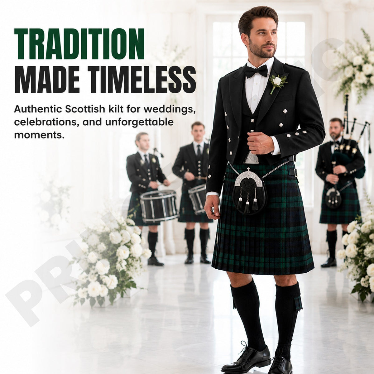 Black Watch Tartan Kilt, 13oz Scottish Wool, 24", 5 Yards Men’s Traditional Kilt