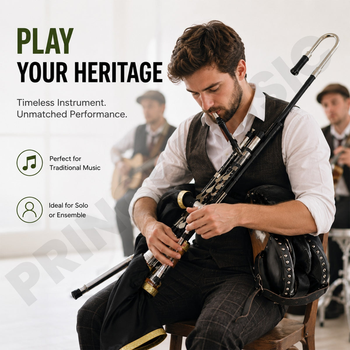 Irish Uilleann Bagpipe Full Set - Teflon - Bag, Reeds &Instructions - PM