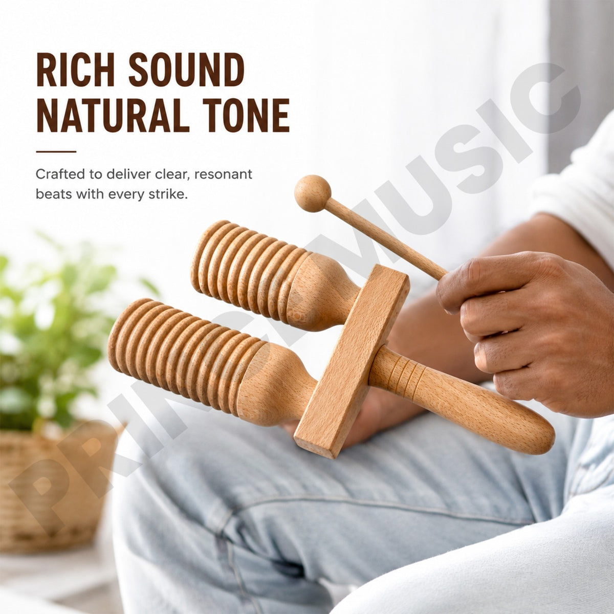 Percussion Instrument Agogo, Wooden Double Bell Tapered Handle