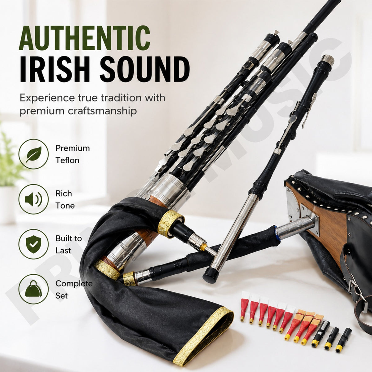 Irish Uilleann Bagpipe Full Set - Teflon - Bag, Reeds &Instructions - PM