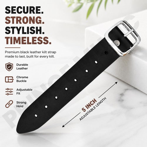 Black Leather Kilt Strap – 5” Adjustable Straps with Chrome 1.25" Buckle