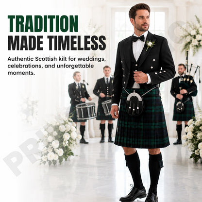 Black Watch Tartan Kilt, 13oz Scottish Wool, 24", 5 Yards Men’s Traditional Kilt