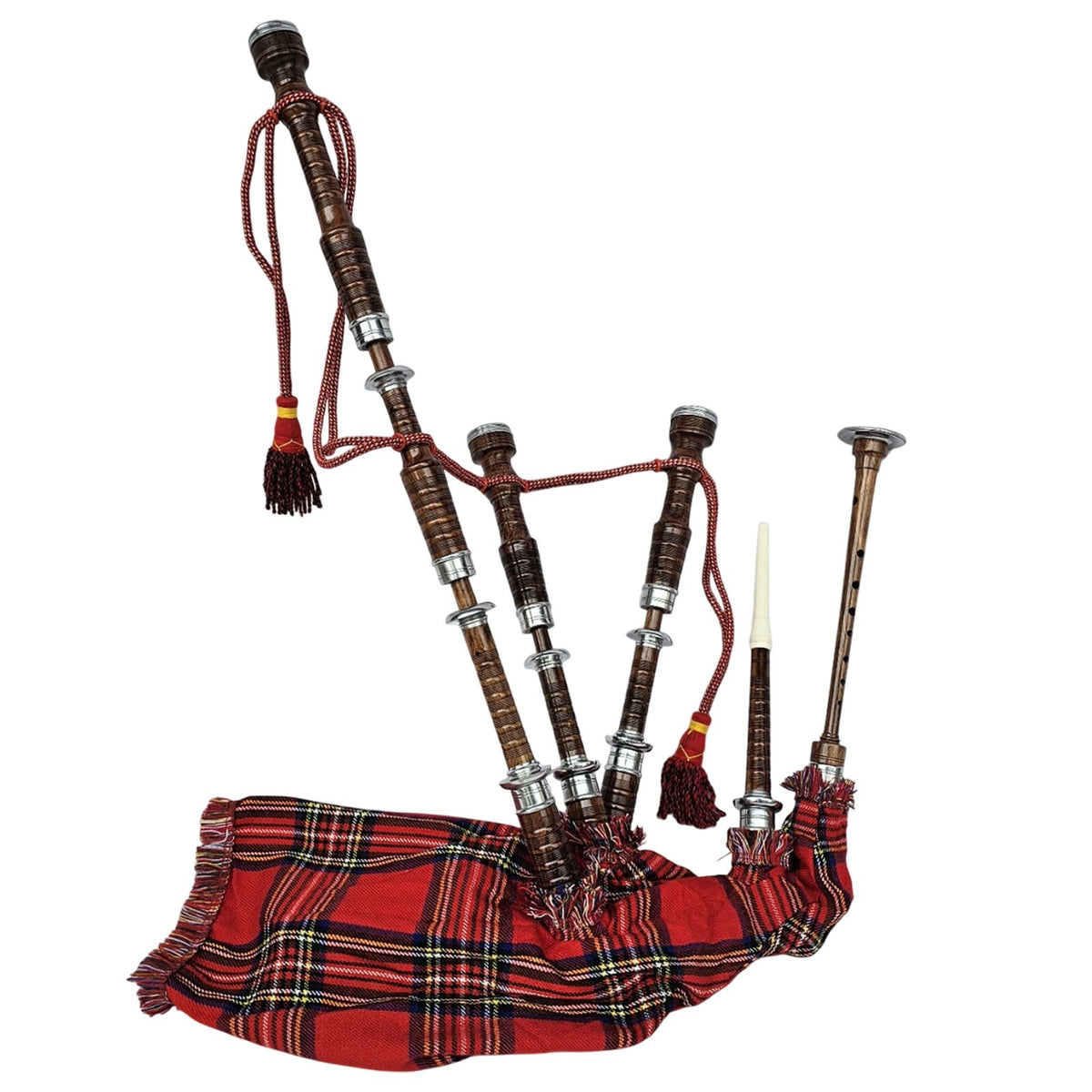 Highland Bagpipe - Natural Wood, Silver Mounts, Royal Stewart, Full Set & Bag