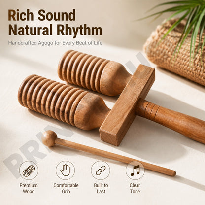 Percussion Instrument Agogo, Wooden Double Bell Tapered Handle
