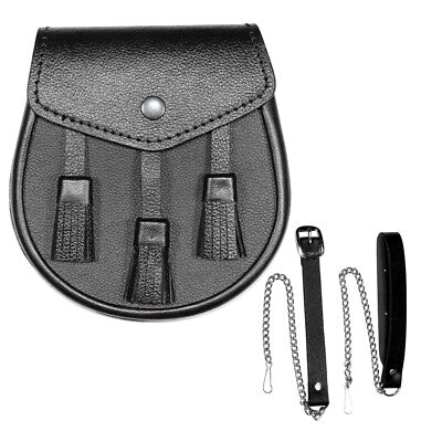 Black Leather Sporran – Classic Scottish Kilt Accessory with Chain Strap