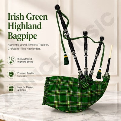 Highland Bagpipe Irish Green Tartan & Silver Mounts, Carry Bag & Accessories
