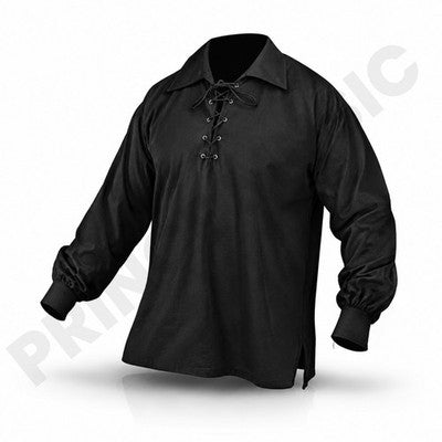 Black Highland Ghillie Shirt Scottish Jacobite Kilt Shirt Leather Cord M-2XL