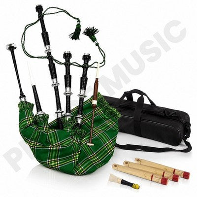 Highland Bagpipe Irish Green Great  with Black Mounts,Carry Bag, Reeds & Drones