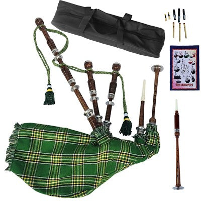Highland Bagpipe - Natural, Silver Mounts, Irish Green, Full Set & Carry Bag