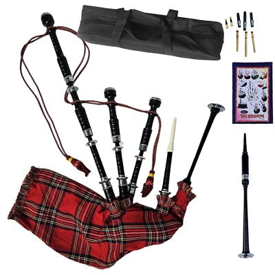Highland Bagpipe Royal Stewart Tartan & Silver Mounts , Carry Bag & Accessories